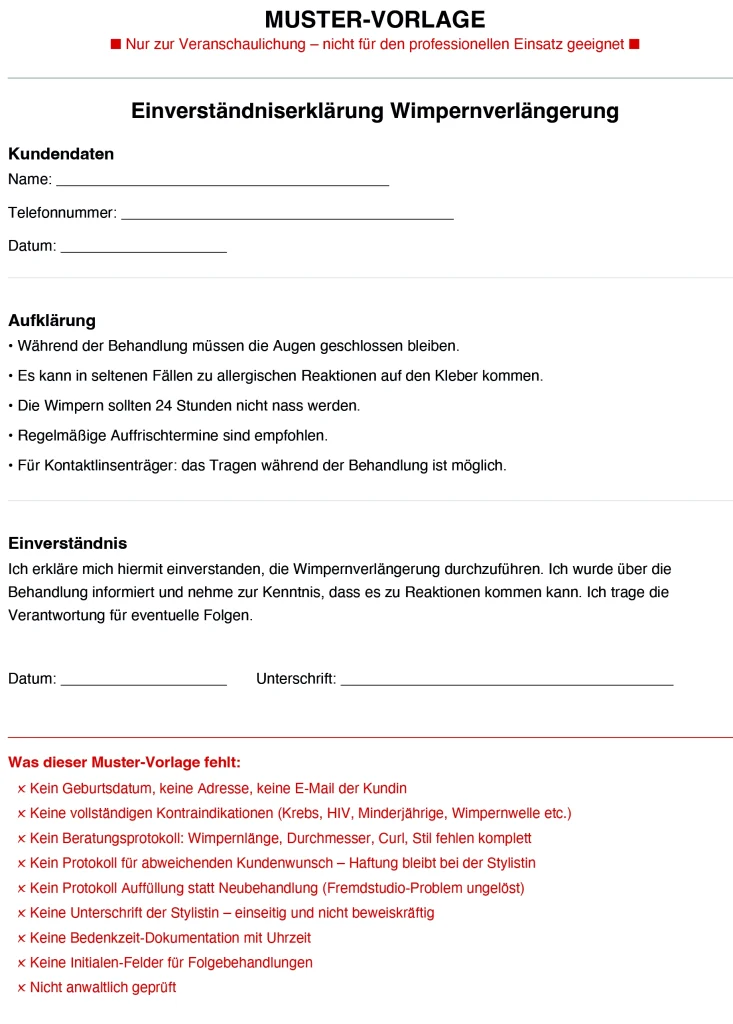 Schlechtes Beispiels für eine Einverständniserklärung zur Wimpernverlängerung